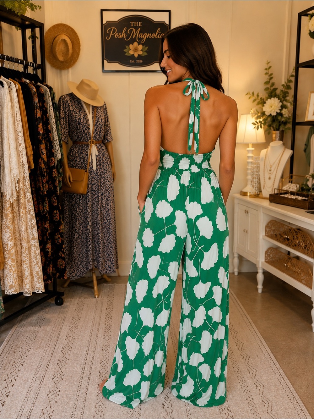 Diane Von Furstenberg Green White Halter Wide Leg Jumpsuit XS Designer Luxury - Picture 2 of 7
